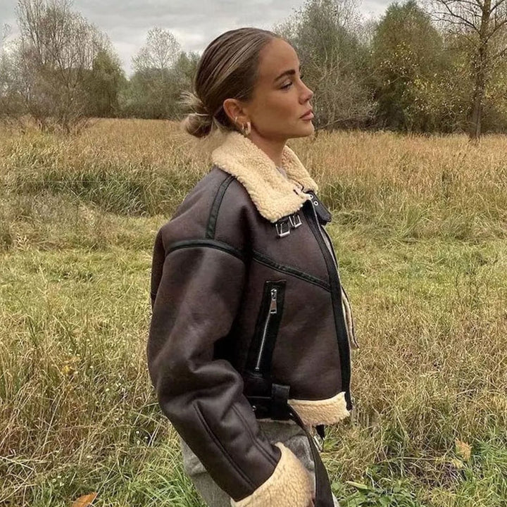 Dames Cropped Shearling Aviatorjas met Ritssluiting - Bruin