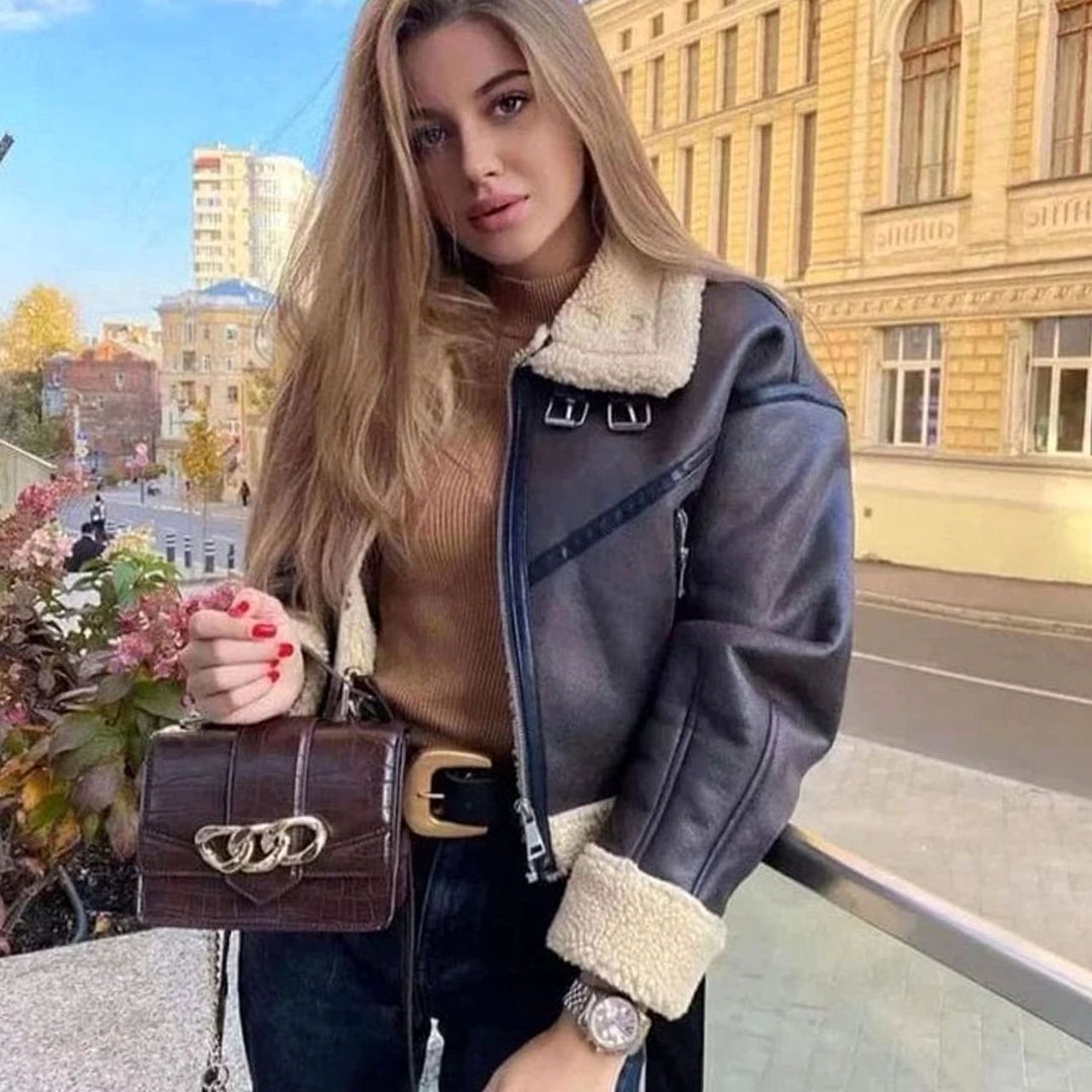 Dames Cropped Shearling Aviatorjas met Ritssluiting