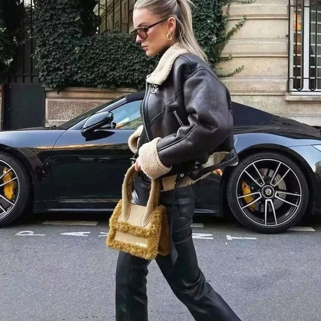 Dames Cropped Shearling Aviatorjas met Ritssluiting