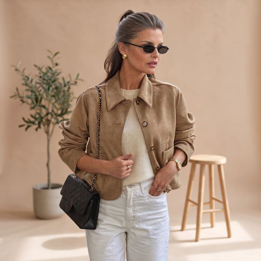 Dames Cropped Suède Jacket Knoopsluiting Heupzakken