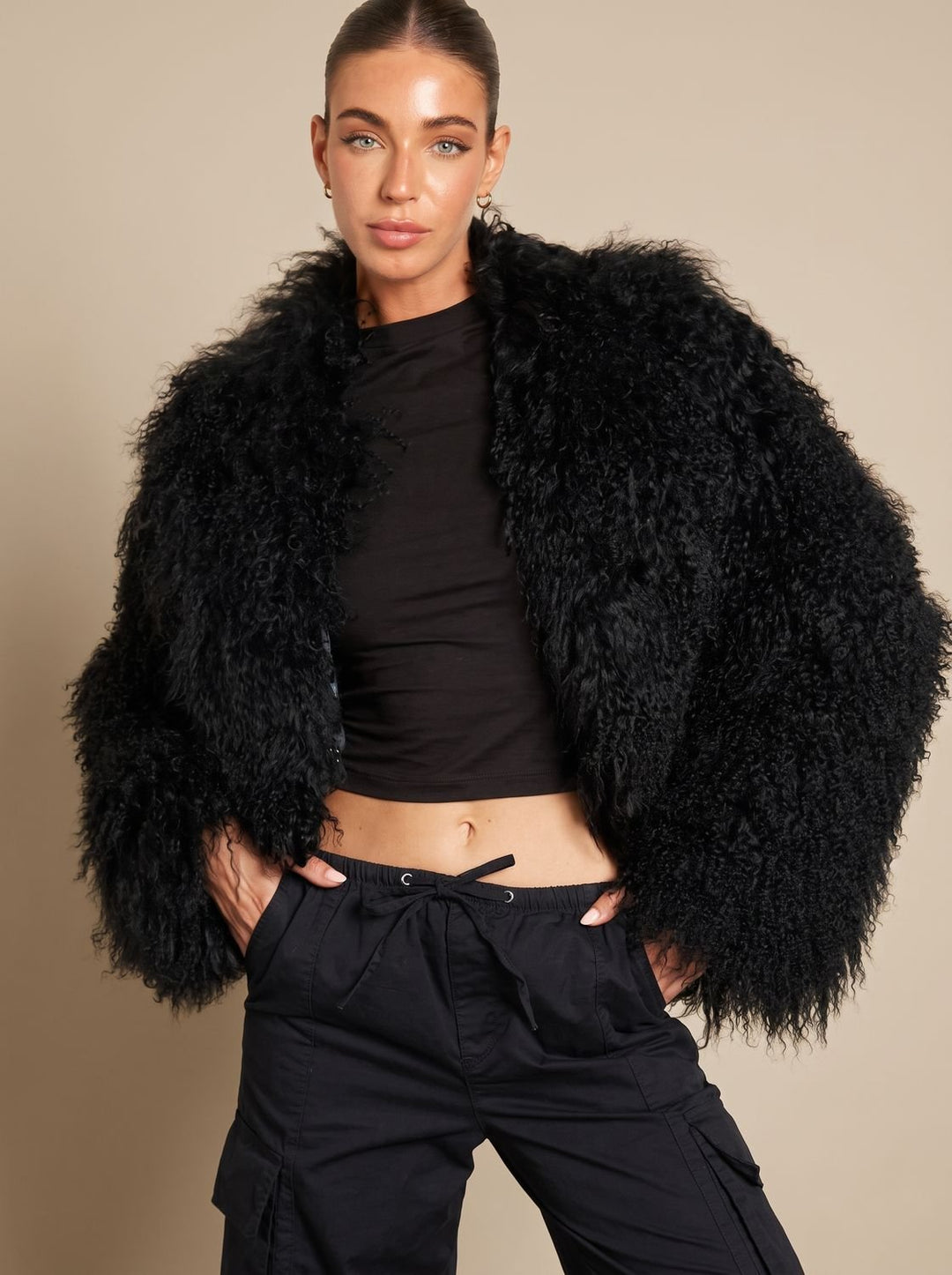 Dames Cropped Teddy Jas Faux Fur Lange Mouwen - Zwart