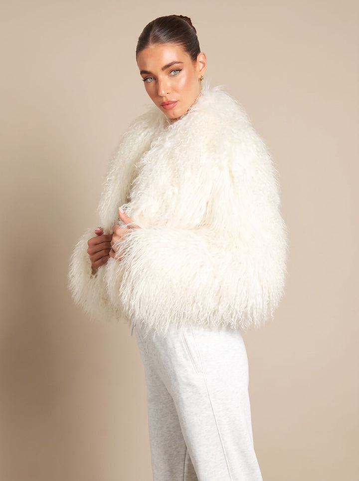 Dames Cropped Teddy Jas Faux Fur Lange Mouwen