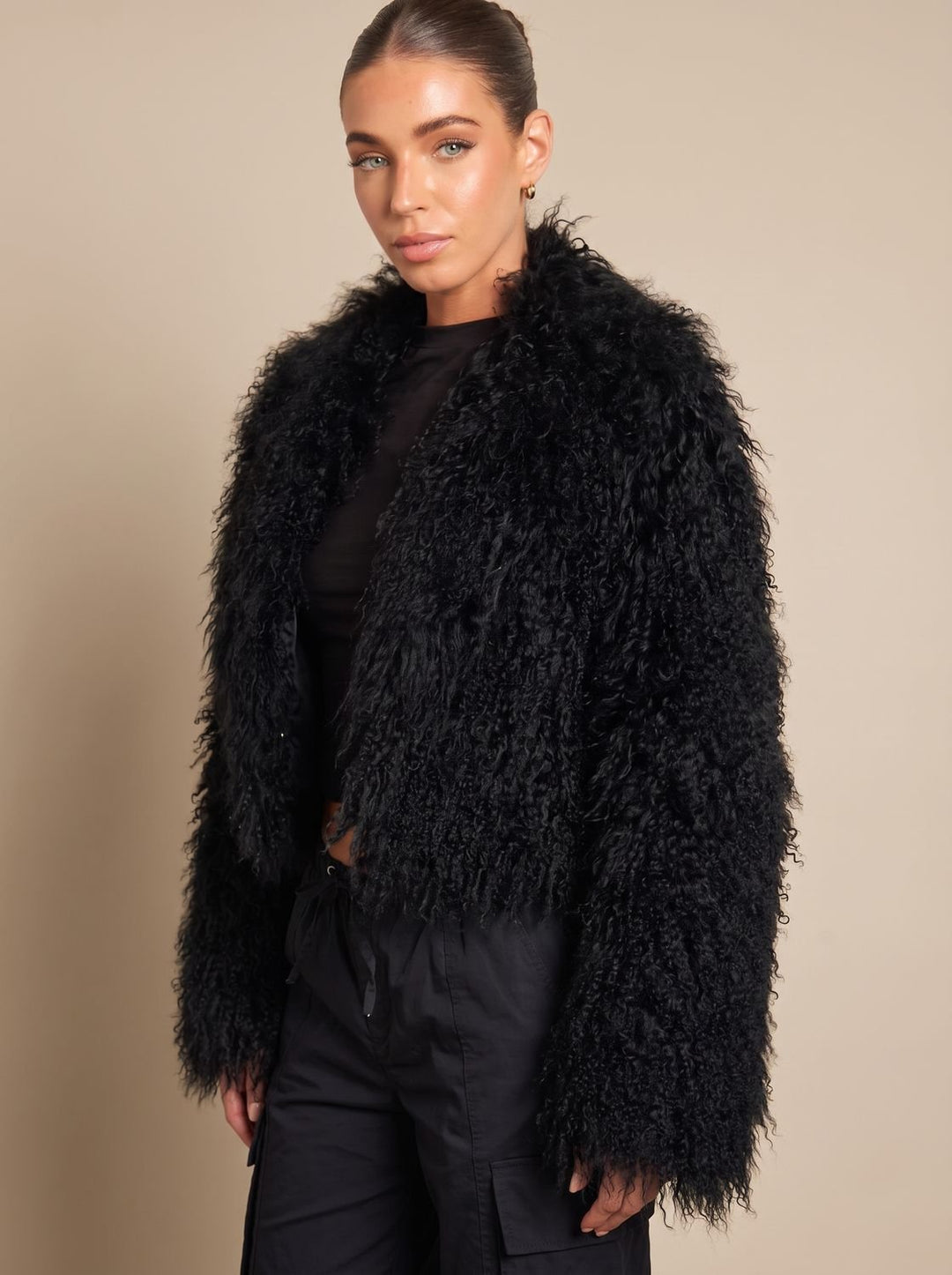 Dames Cropped Teddy Jas Faux Fur Lange Mouwen