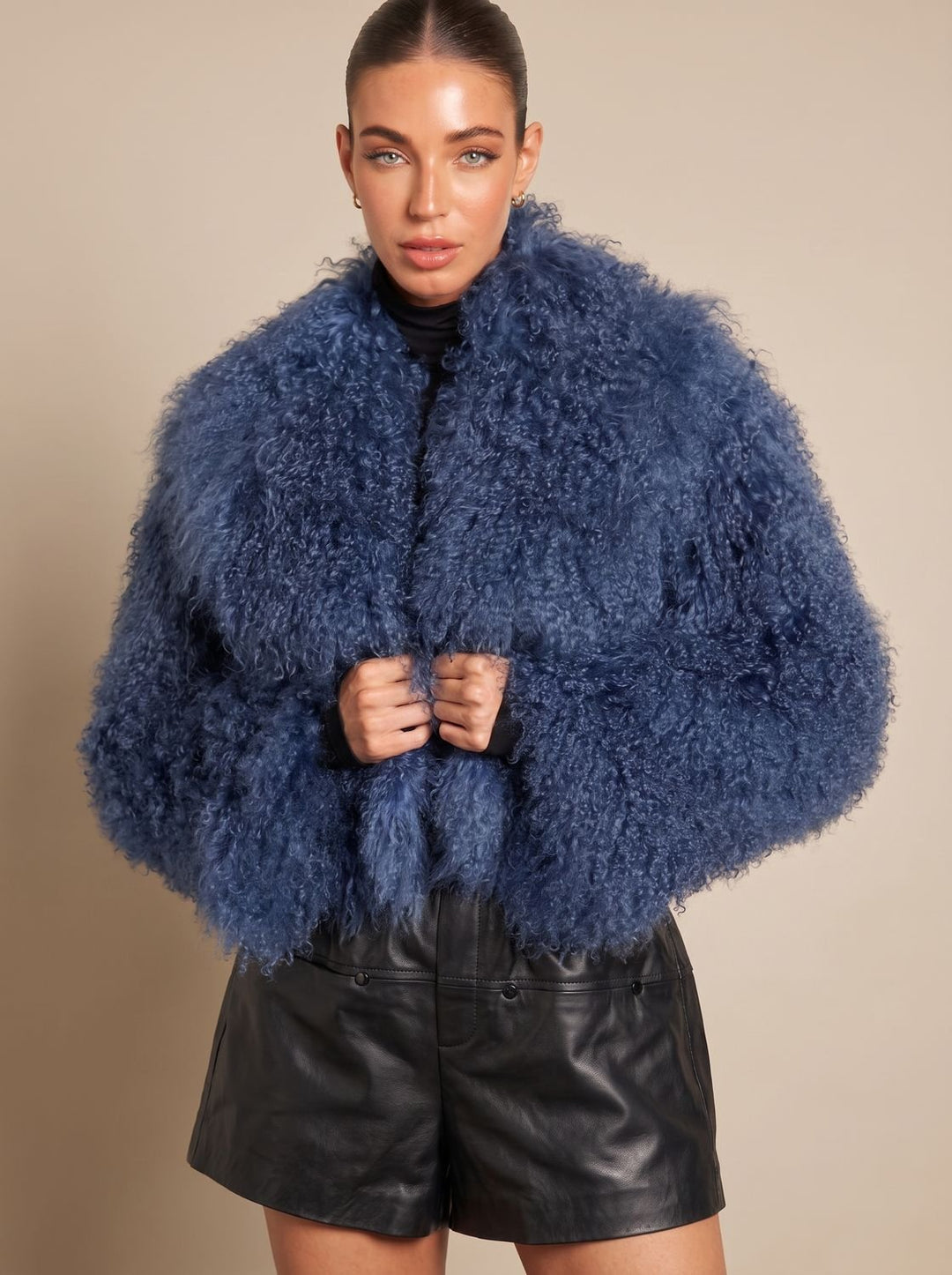 Dames Cropped Teddy Jas Faux Fur Lange Mouwen - Blauw