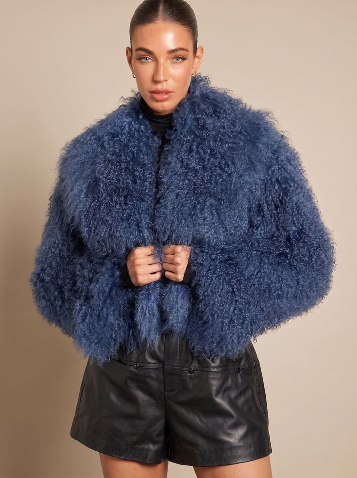 Dames Cropped Teddy Jas Faux Fur Lange Mouwen - Blauw