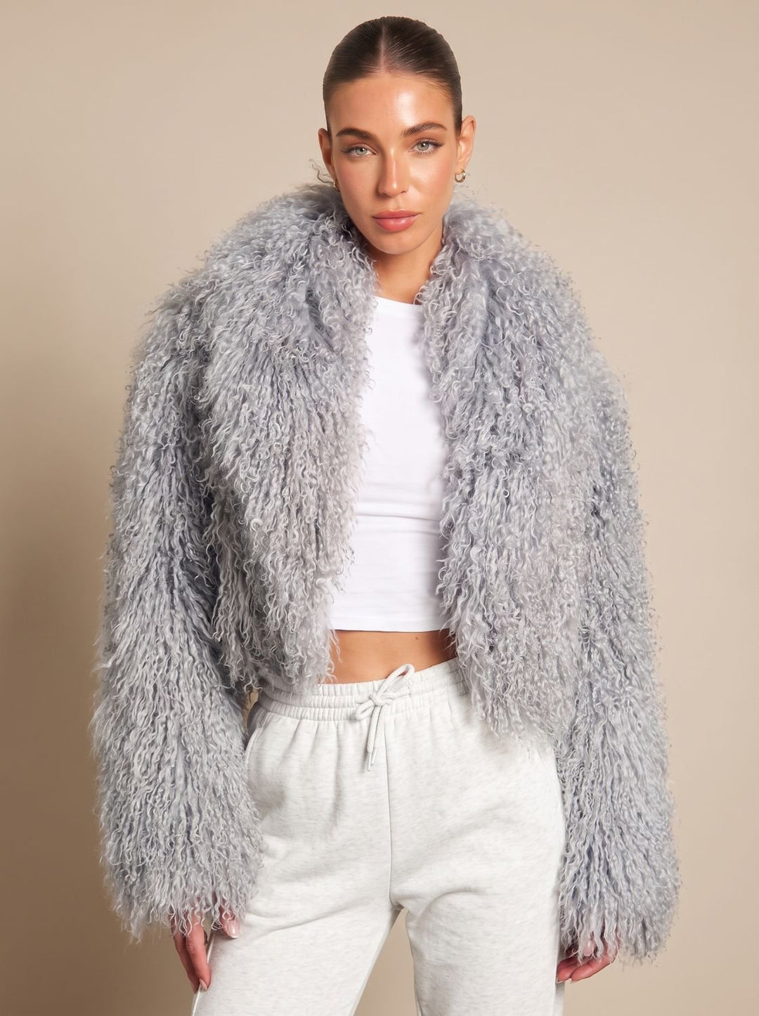 Dames Cropped Teddy Jas Faux Fur Lange Mouwen - Grijs