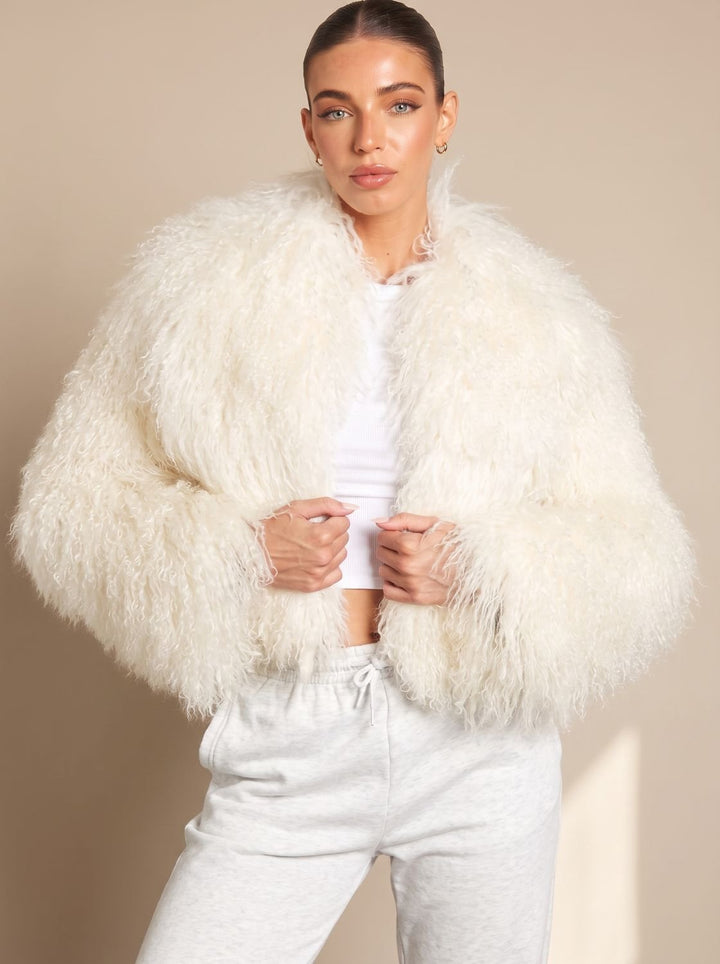 Dames Cropped Teddy Jas Faux Fur Lange Mouwen - Wit