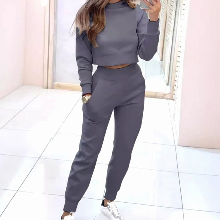 Dames Cropped Trui Tweedelig Trainingspak Hoge Taille - Grijs
