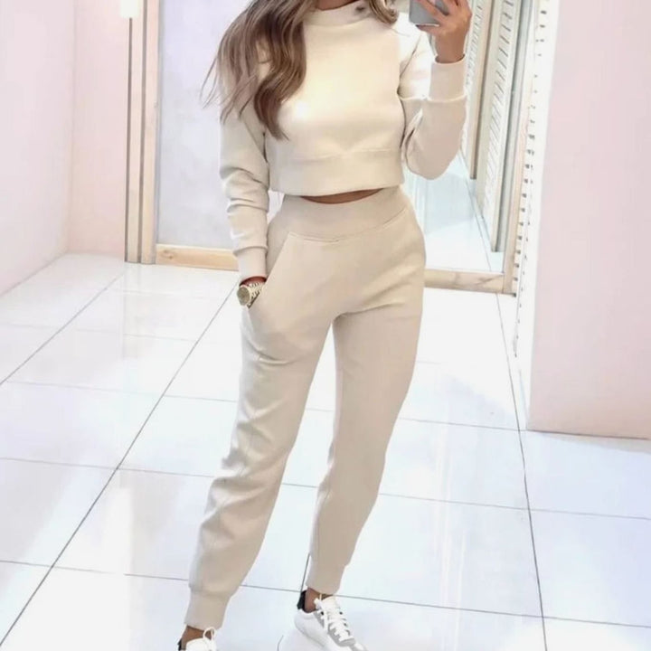 Dames Cropped Trui Tweedelig Trainingspak Hoge Taille - Off-white