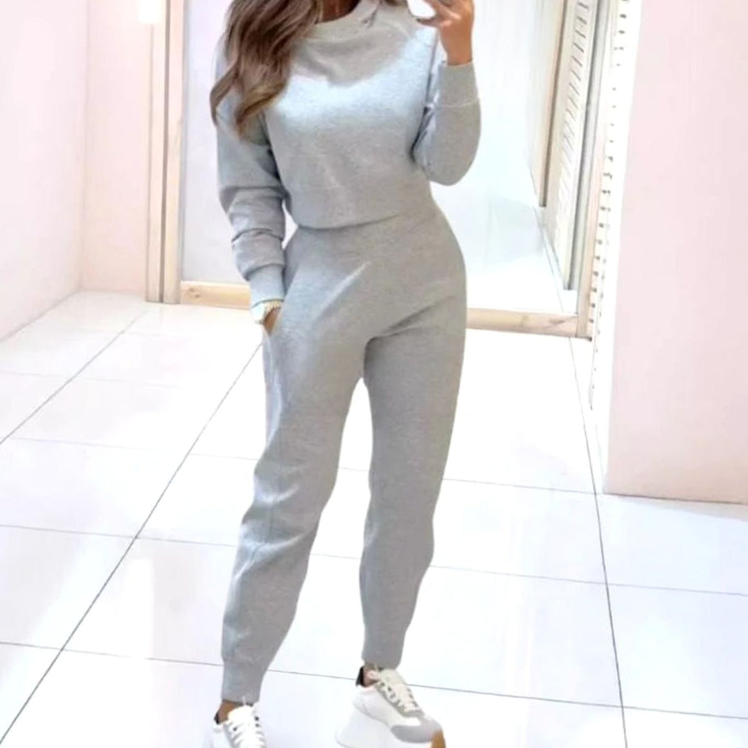 Dames Cropped Trui Tweedelig Trainingspak Hoge Taille - Licht Grijs