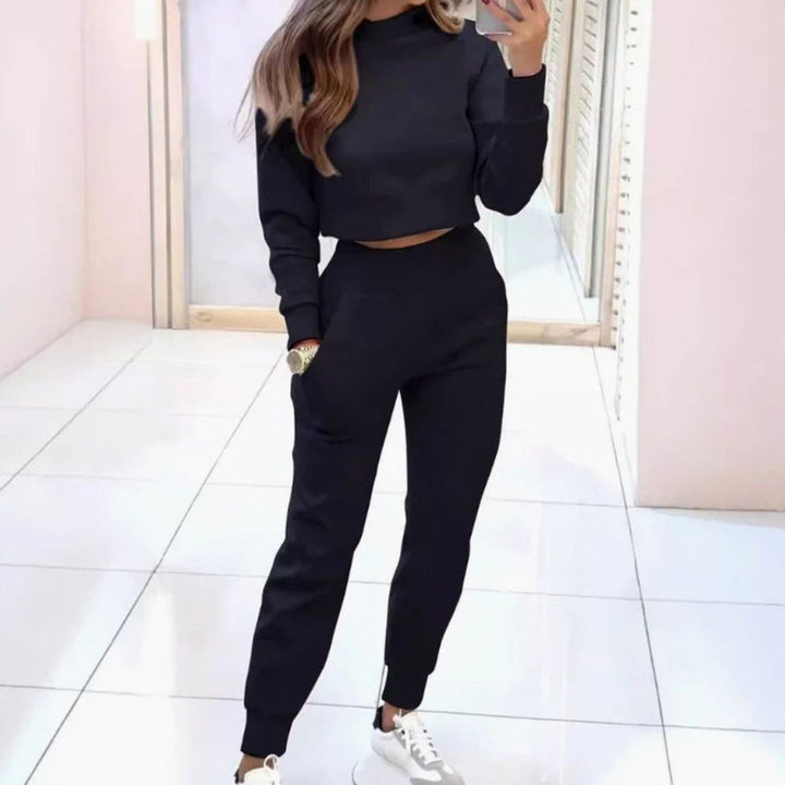Dames Cropped Trui Tweedelig Trainingspak Hoge Taille - Zwart