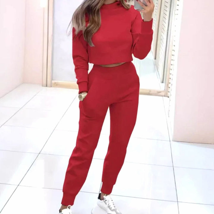 Dames Cropped Trui Tweedelig Trainingspak Hoge Taille - Rood