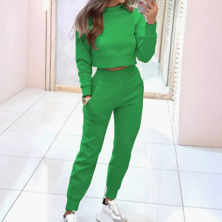 Dames Cropped Trui Tweedelig Trainingspak Hoge Taille - Groen
