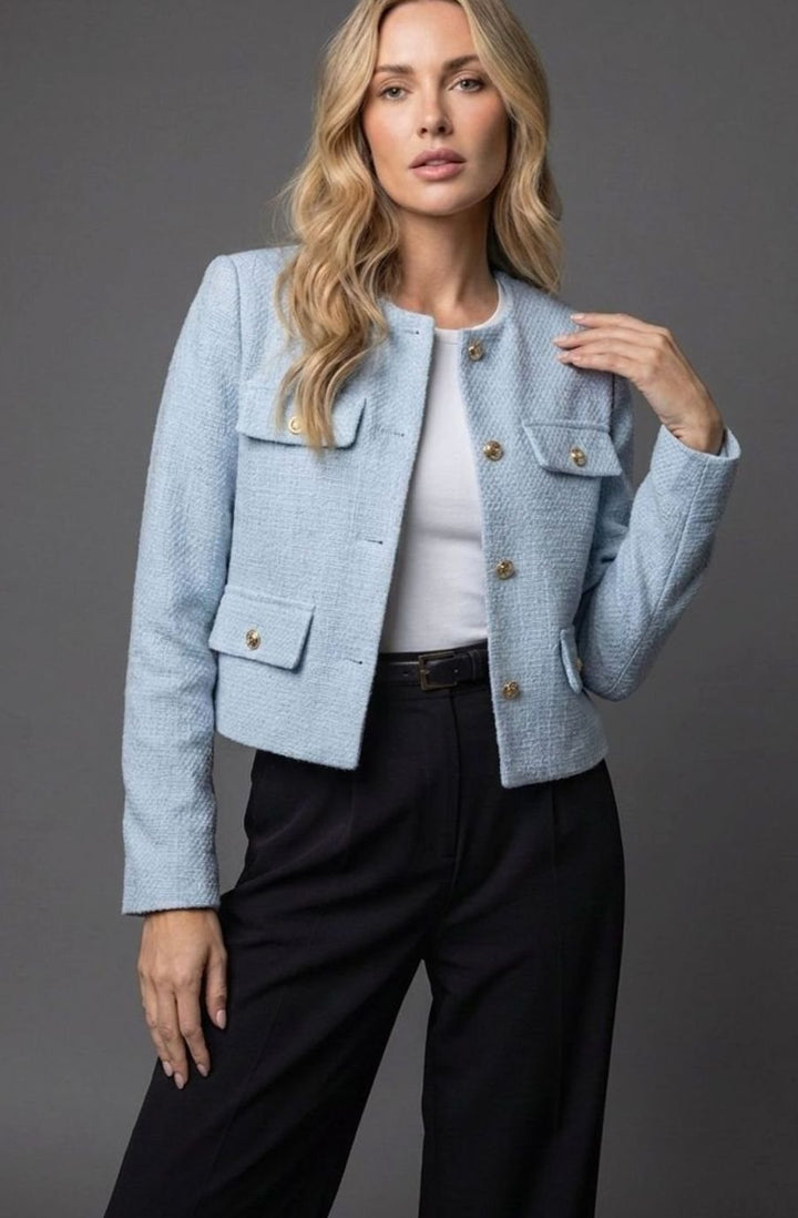 Dames Cropped Tweed Blazer Collarless Gouden Knopen Flapzakken - Lichtblauw