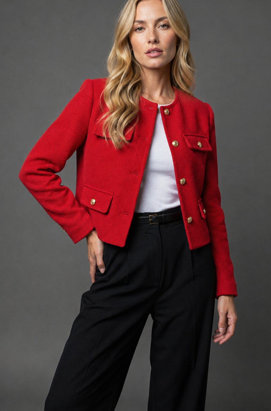 Dames Cropped Tweed Blazer Collarless Gouden Knopen Flapzakken - Rood