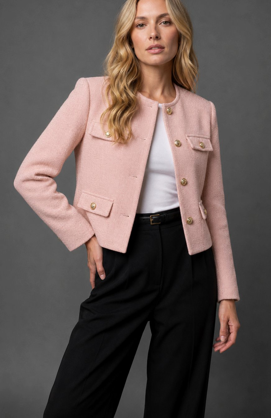Dames Cropped Tweed Blazer Collarless Gouden Knopen Flapzakken - Lichtroze