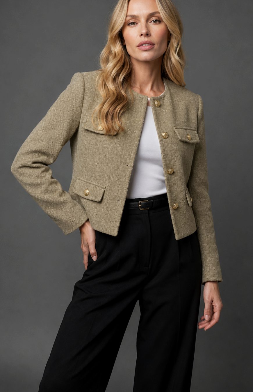Dames Cropped Tweed Blazer Collarless Gouden Knopen Flapzakken - Legergroen