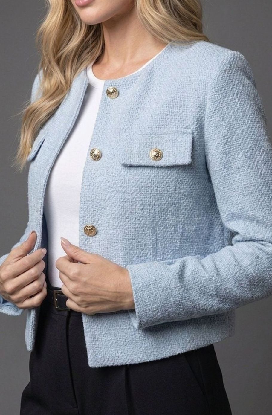 Dames Cropped Tweed Blazer Collarless Gouden Knopen Flapzakken