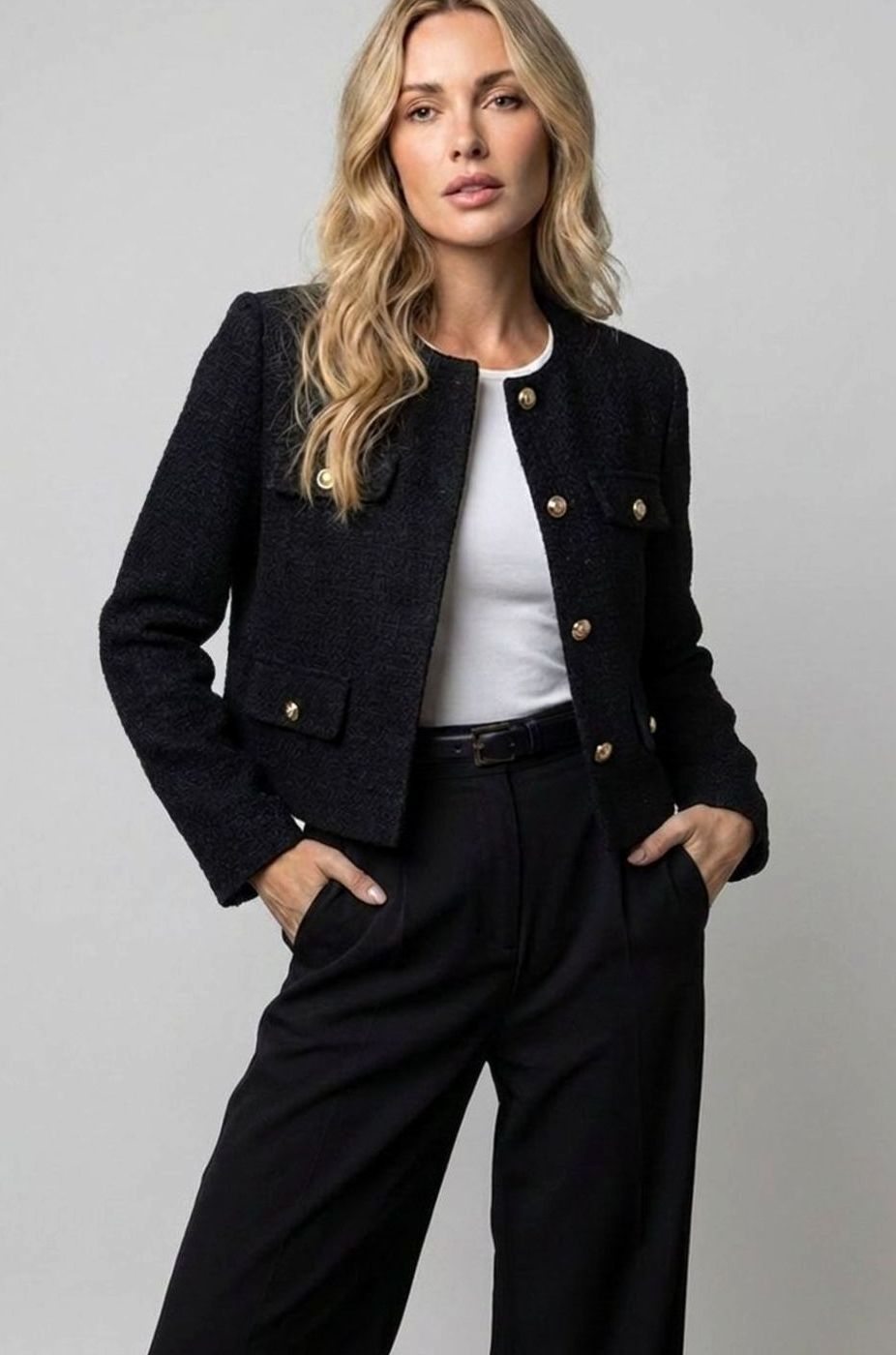 Dames Cropped Tweed Blazer Collarless Gouden Knopen Flapzakken - Zwart