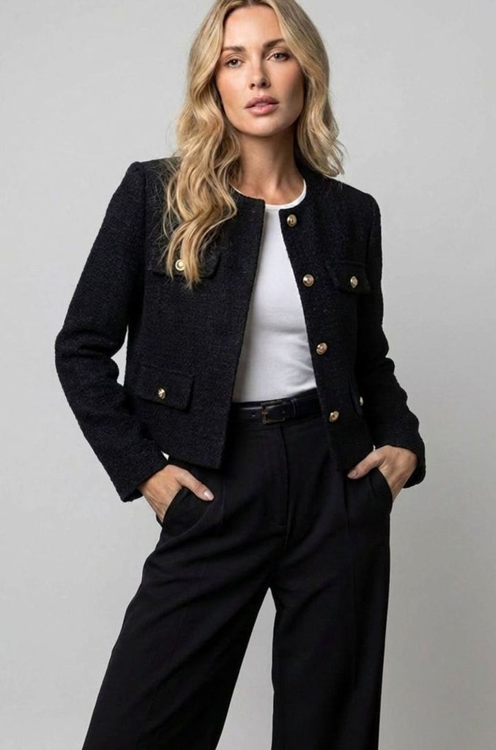 Dames Cropped Tweed Blazer Collarless Gouden Knopen Flapzakken - Zwart