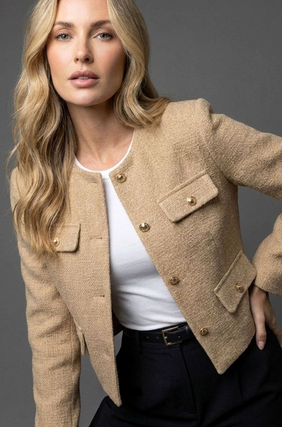 Dames Cropped Tweed Blazer Collarless Gouden Knopen Flapzakken - Khaki