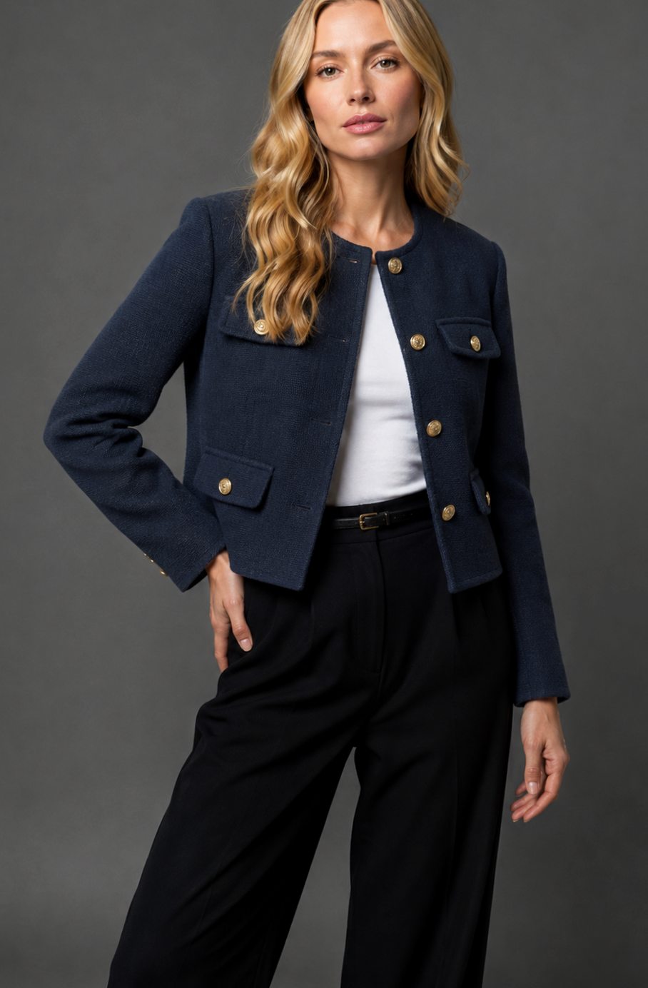 Dames Cropped Tweed Blazer Collarless Gouden Knopen Flapzakken - Marineblauw