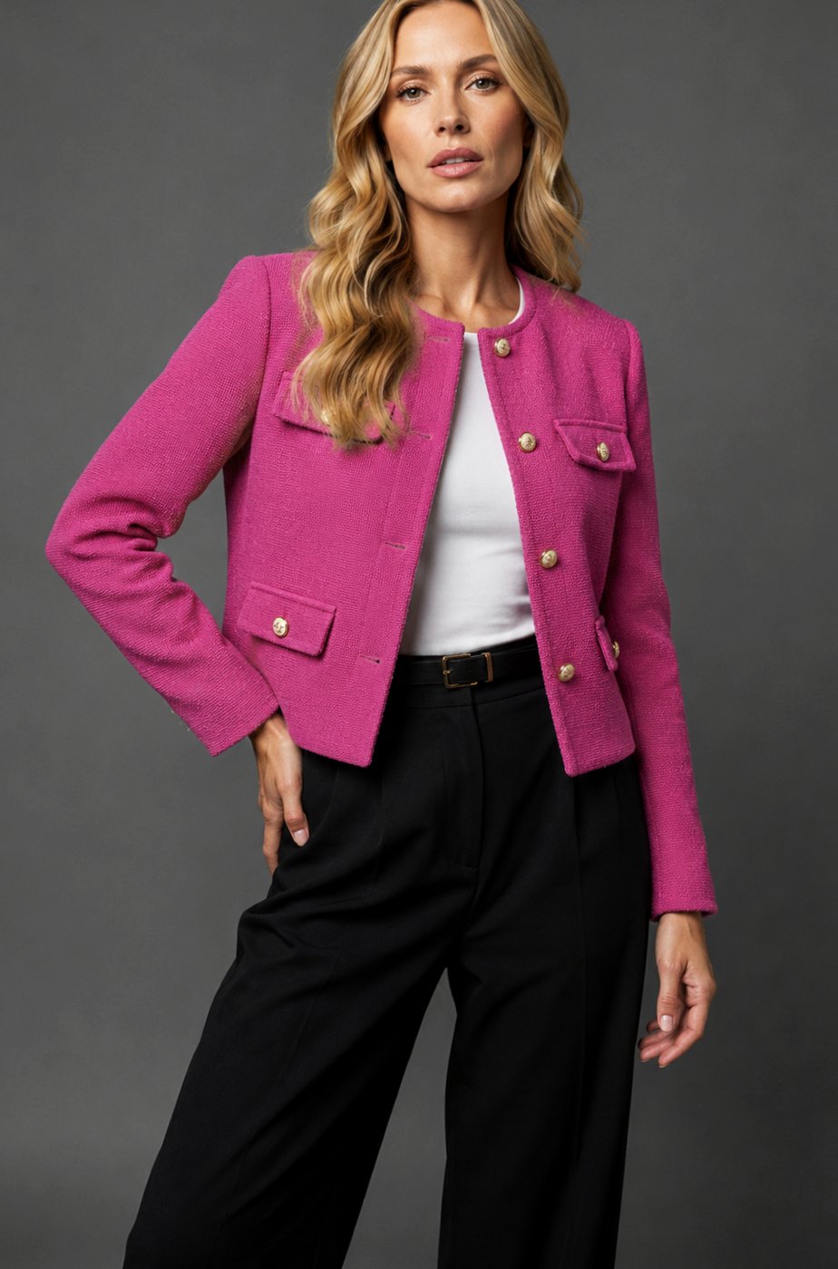 Dames Cropped Tweed Blazer Collarless Gouden Knopen Flapzakken - Roze