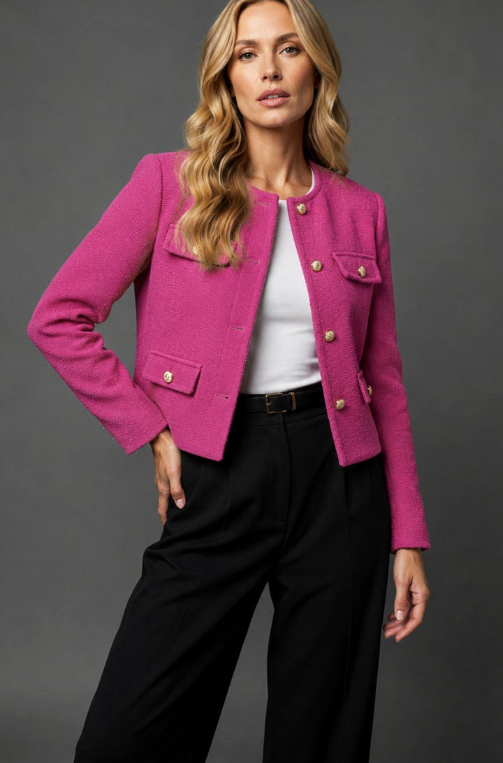 Dames Cropped Tweed Blazer Collarless Gouden Knopen Flapzakken - Roze