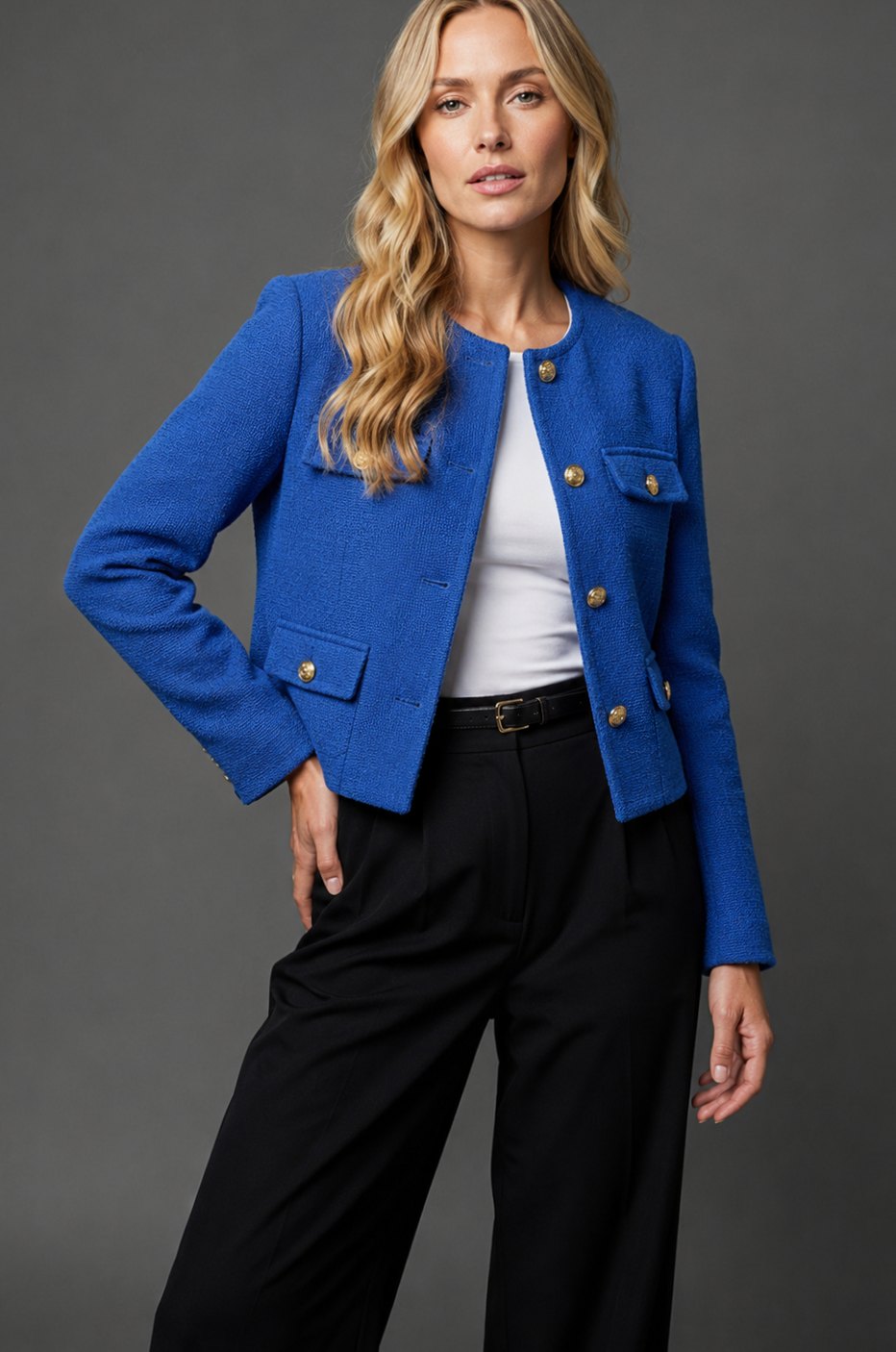Dames Cropped Tweed Blazer Collarless Gouden Knopen Flapzakken - Blauw