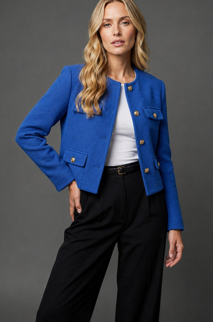 Dames Cropped Tweed Blazer Collarless Gouden Knopen Flapzakken - Blauw