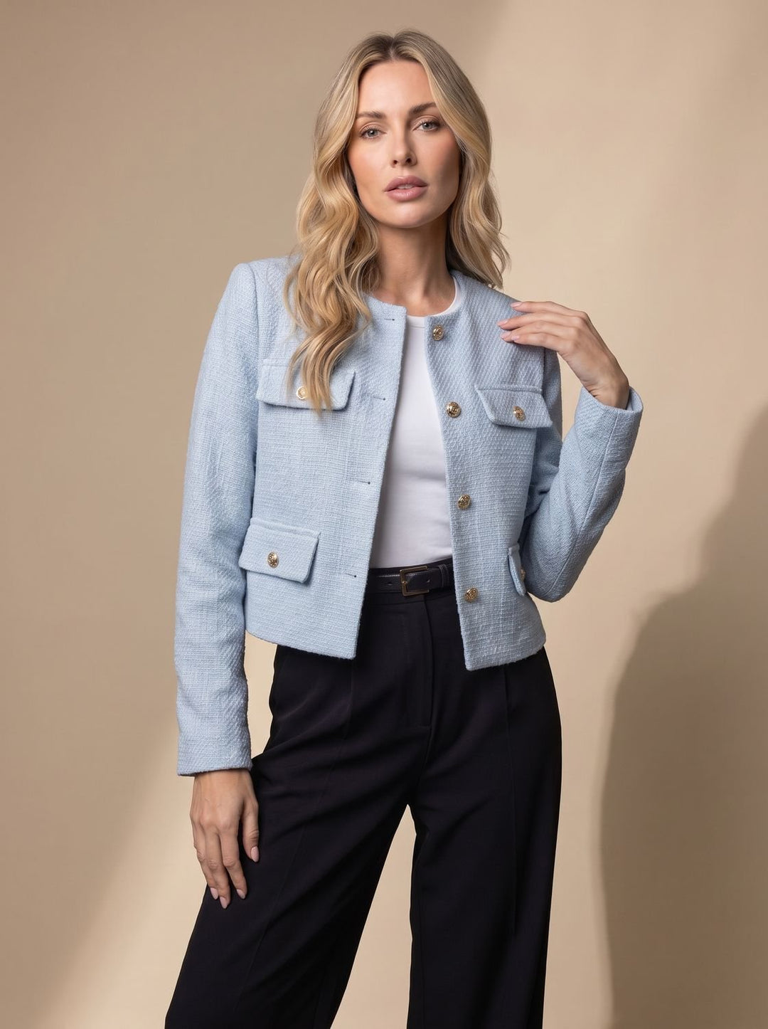 Dames Cropped Tweed Blazer Kraagloze Gouden Knopen Flapzakken - Lichtblauw