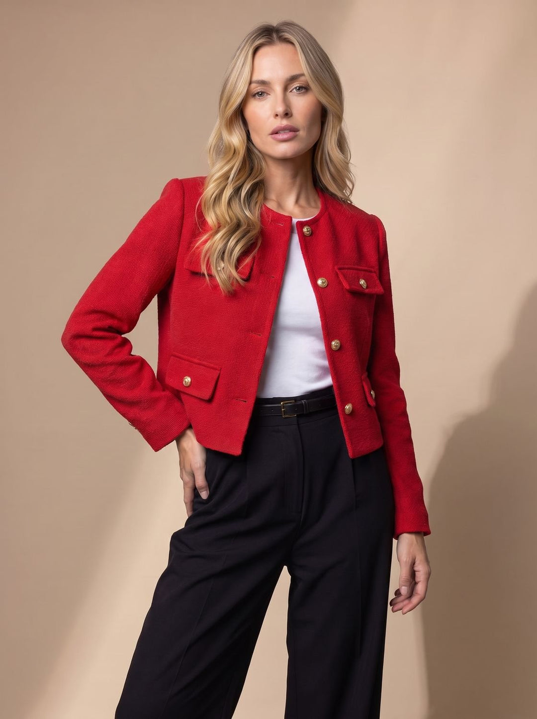 Dames Cropped Tweed Blazer Kraagloze Gouden Knopen Flapzakken - Rood
