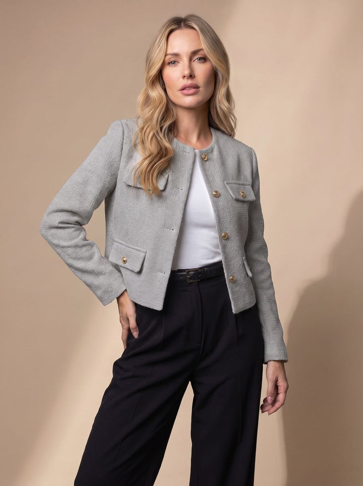 Dames Cropped Tweed Blazer Kraagloze Gouden Knopen Flapzakken - Grijs
