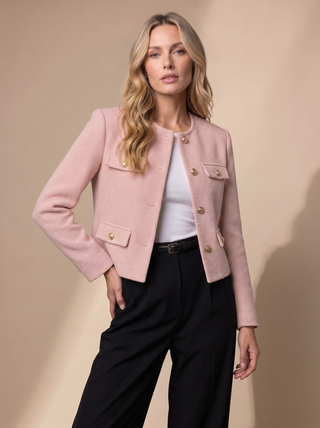 Dames Cropped Tweed Blazer Kraagloze Gouden Knopen Flapzakken - Lichtroze