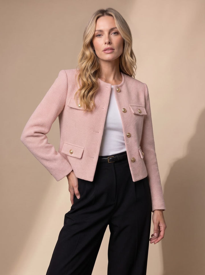 Dames Cropped Tweed Blazer Kraagloze Gouden Knopen Flapzakken - Lichtroze