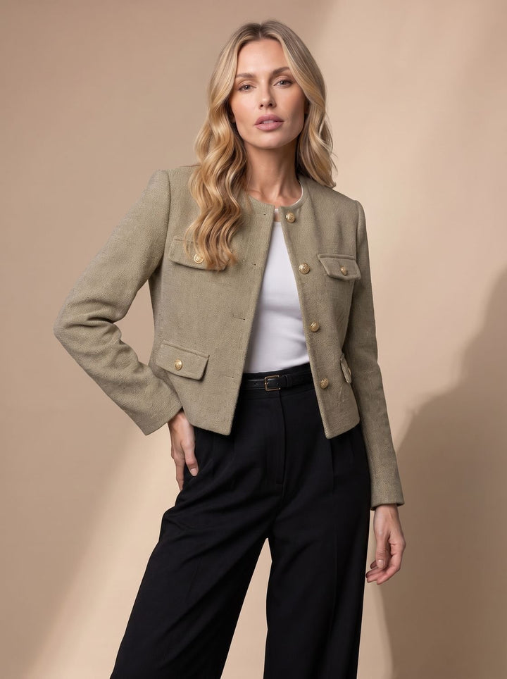 Dames Cropped Tweed Blazer Kraagloze Gouden Knopen Flapzakken - Legergroen