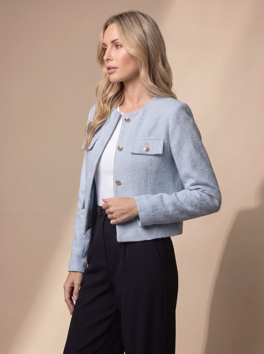 Dames Cropped Tweed Blazer Kraagloze Gouden Knopen Flapzakken