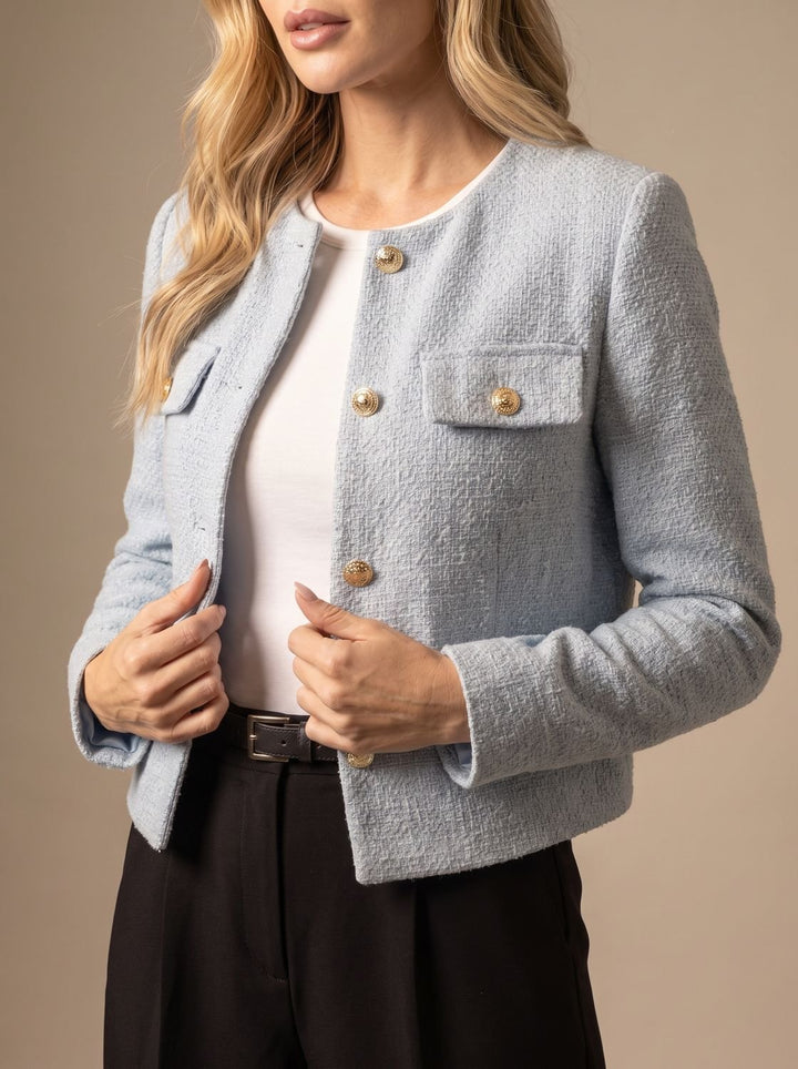 Dames Cropped Tweed Blazer Kraagloze Gouden Knopen Flapzakken