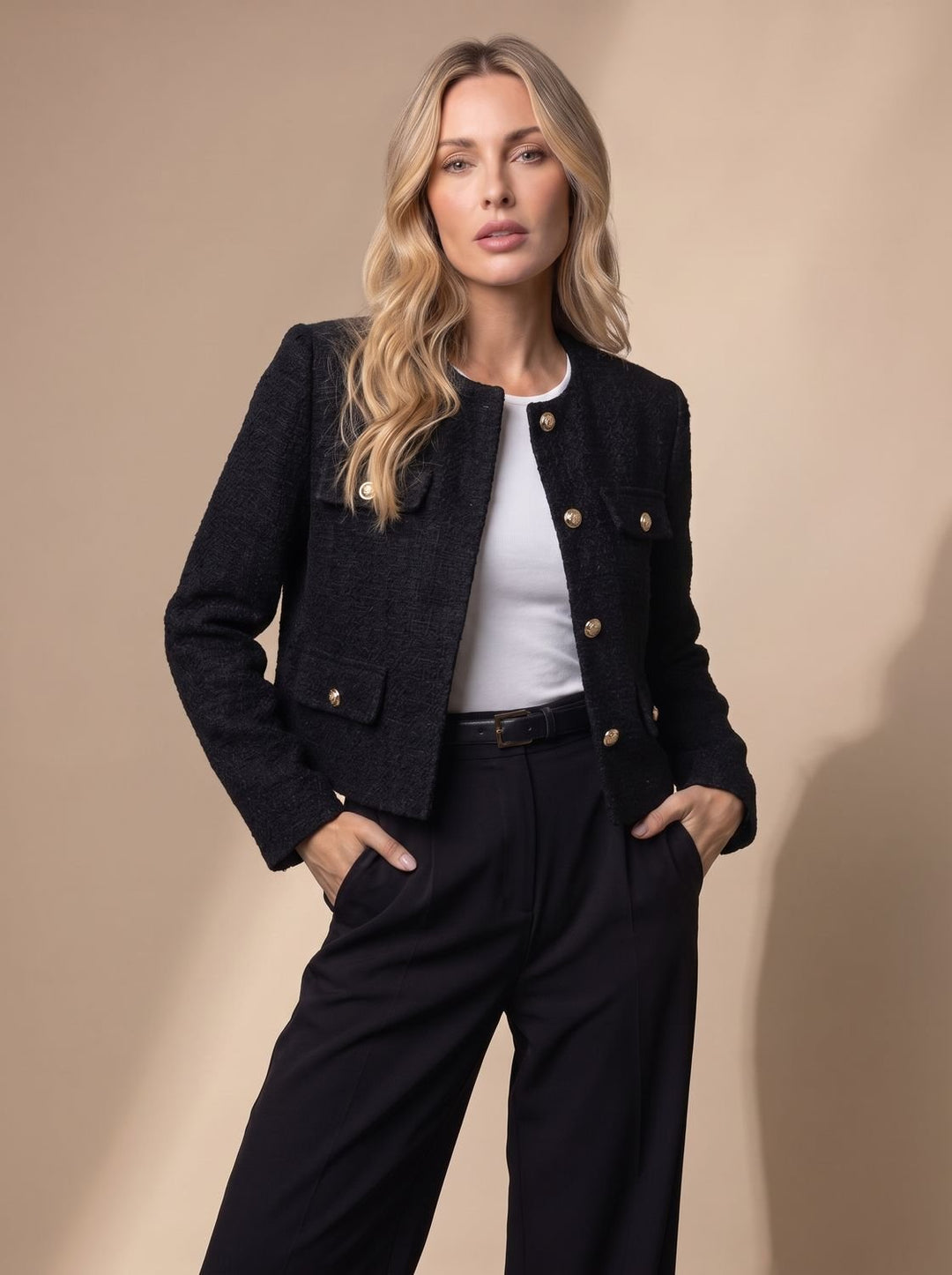 Dames Cropped Tweed Blazer Kraagloze Gouden Knopen Flapzakken - Zwart