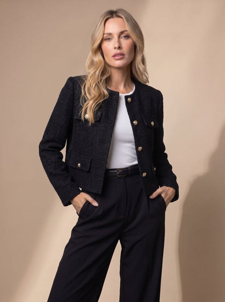 Dames Cropped Tweed Blazer Kraagloze Gouden Knopen Flapzakken - Zwart