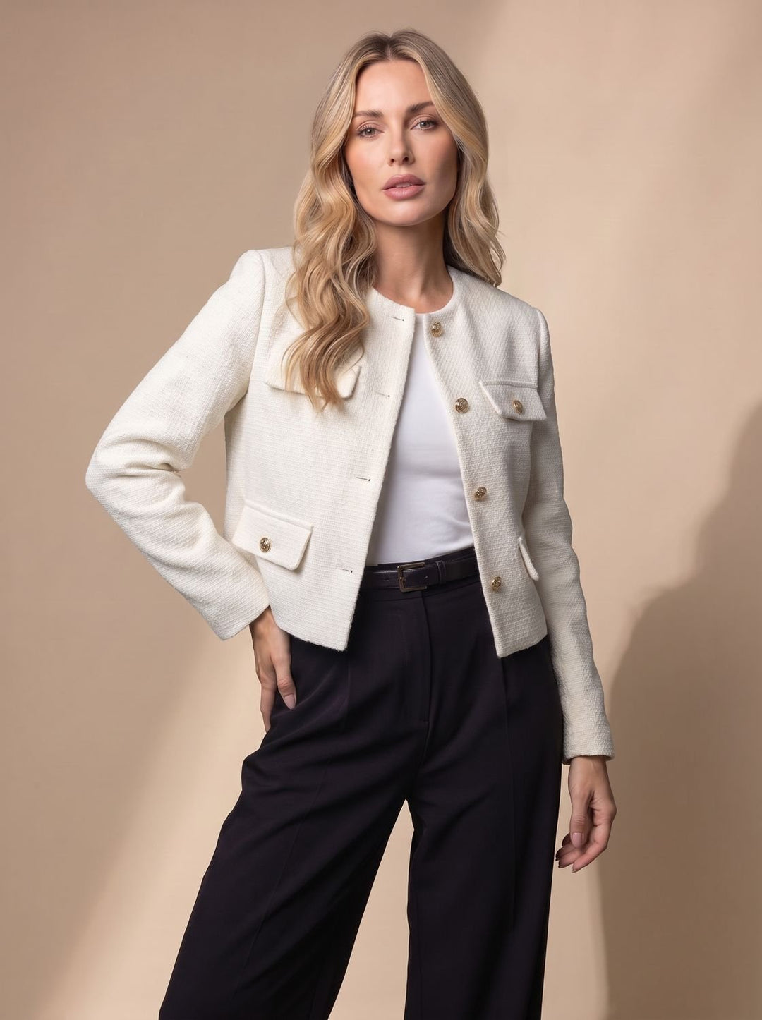 Dames Cropped Tweed Blazer Kraagloze Gouden Knopen Flapzakken - Wit
