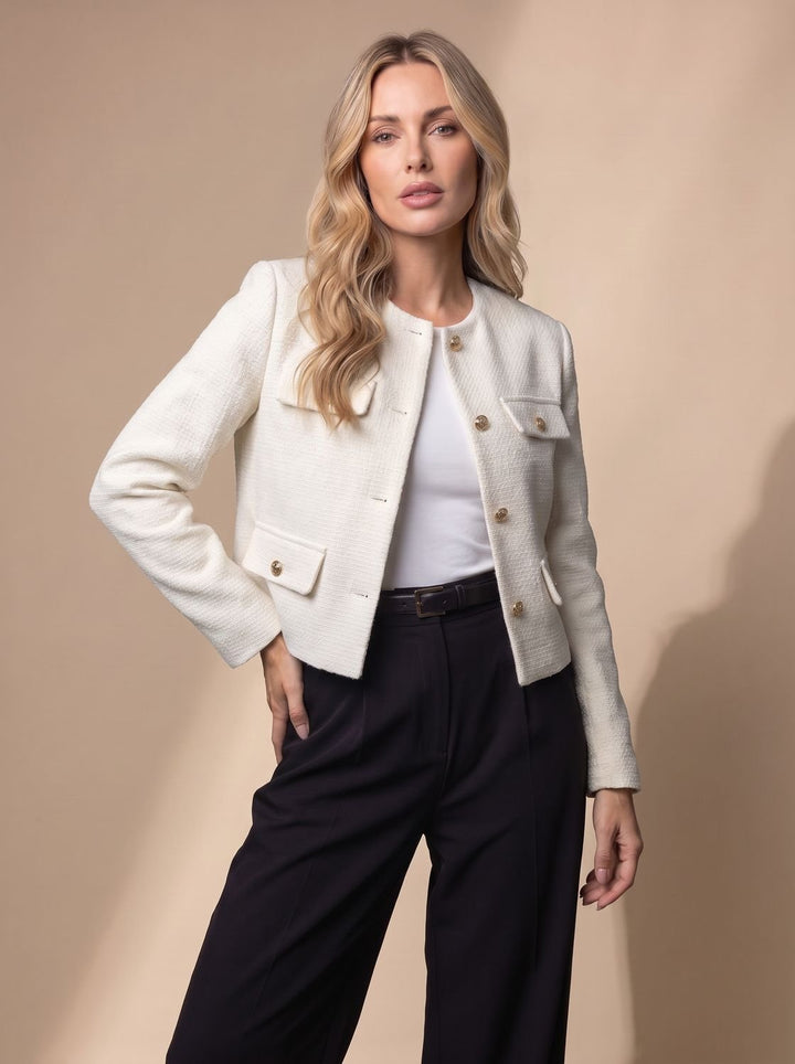 Dames Cropped Tweed Blazer Kraagloze Gouden Knopen Flapzakken - Wit