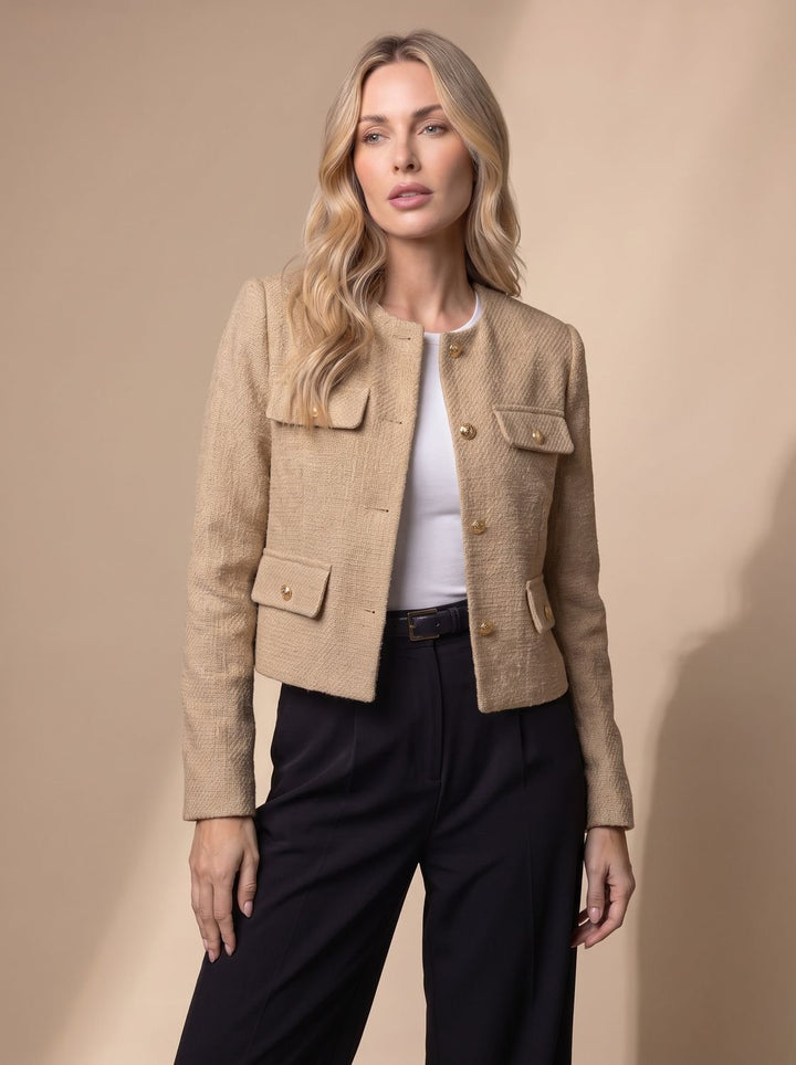Dames Cropped Tweed Blazer Kraagloze Gouden Knopen Flapzakken - Khaki