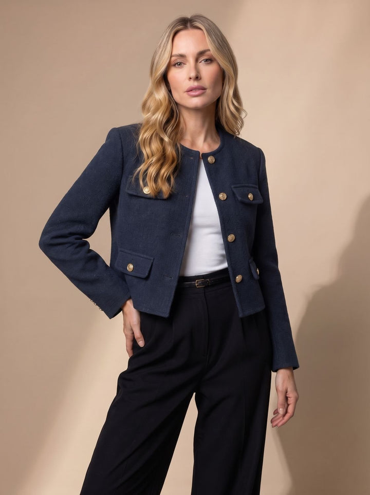 Dames Cropped Tweed Blazer Kraagloze Gouden Knopen Flapzakken - Marineblauw