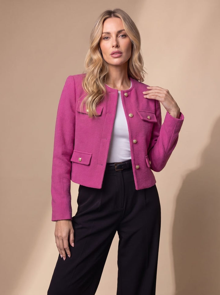 Dames Cropped Tweed Blazer Kraagloze Gouden Knopen Flapzakken - Roze
