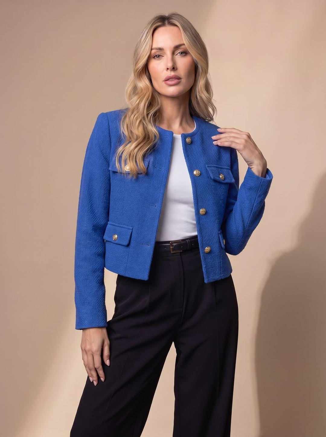 Dames Cropped Tweed Blazer Kraagloze Gouden Knopen Flapzakken - Blauw