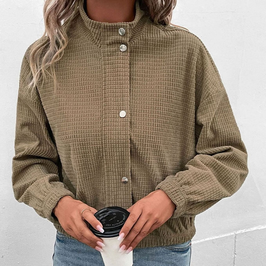 Dames Cropped Wafelstructuur Drukknoop Jasje met Zijzakken