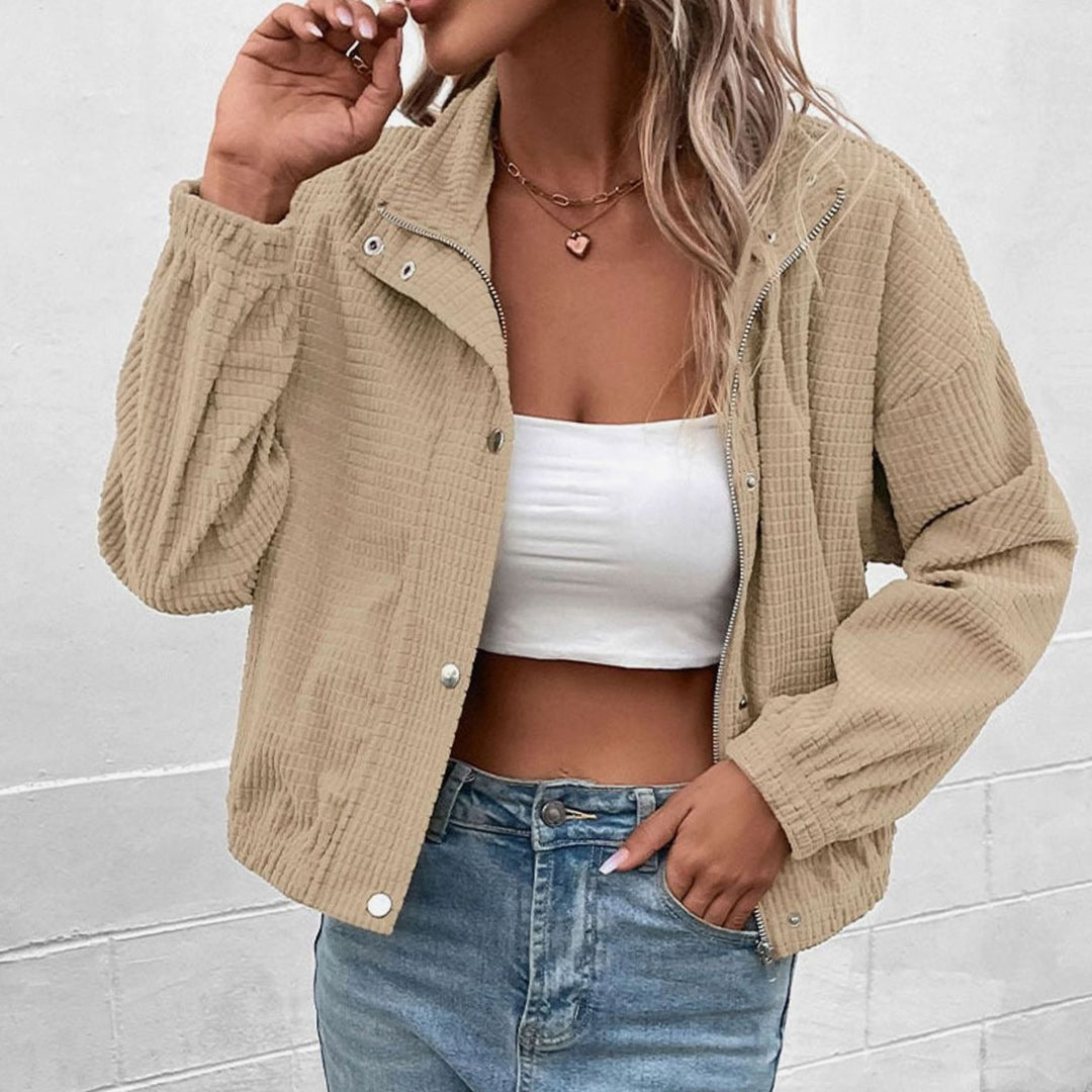 Dames Cropped Wafelstructuur Drukknoop Jasje met Zijzakken