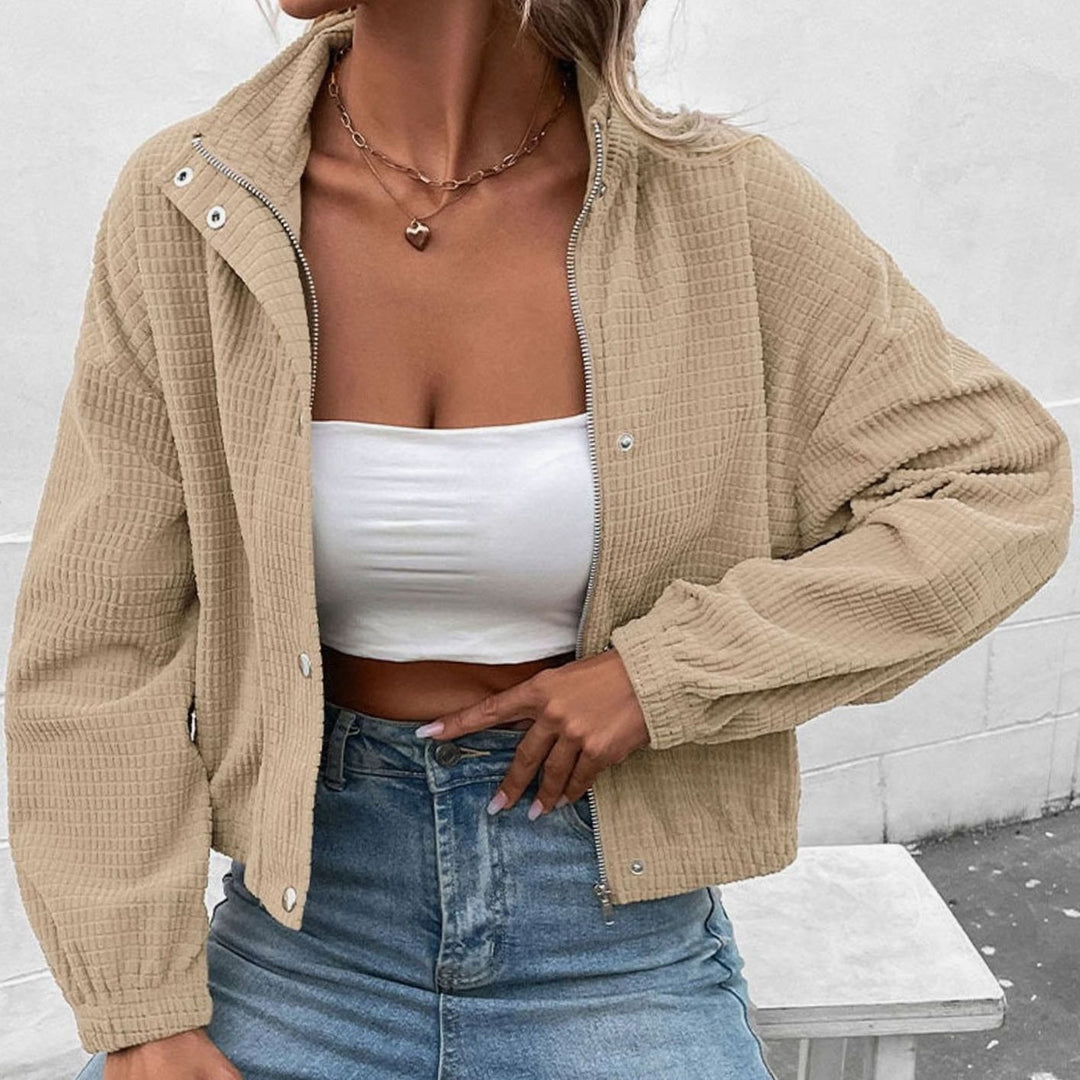 Dames Cropped Wafelstructuur Drukknoop Jasje met Zijzakken - Abrikoos