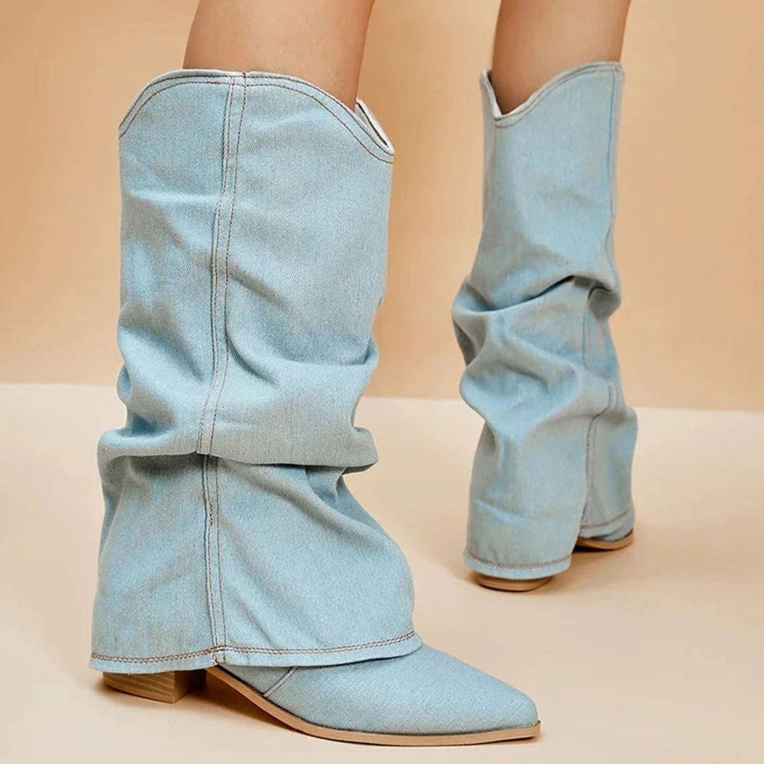 Dames Denim Western Laarzen met Lage Blokhak Cowboystijl